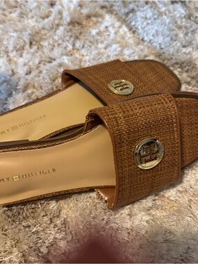 Tommy Hilfiger Brown Woven Slide Mules with Gold Logo